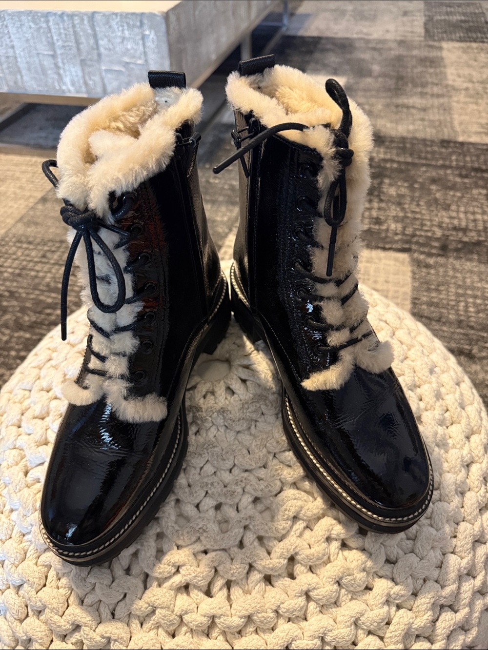 Tory Burch Black Patent Lace-Up Fur-Trim Boots. Worn once
